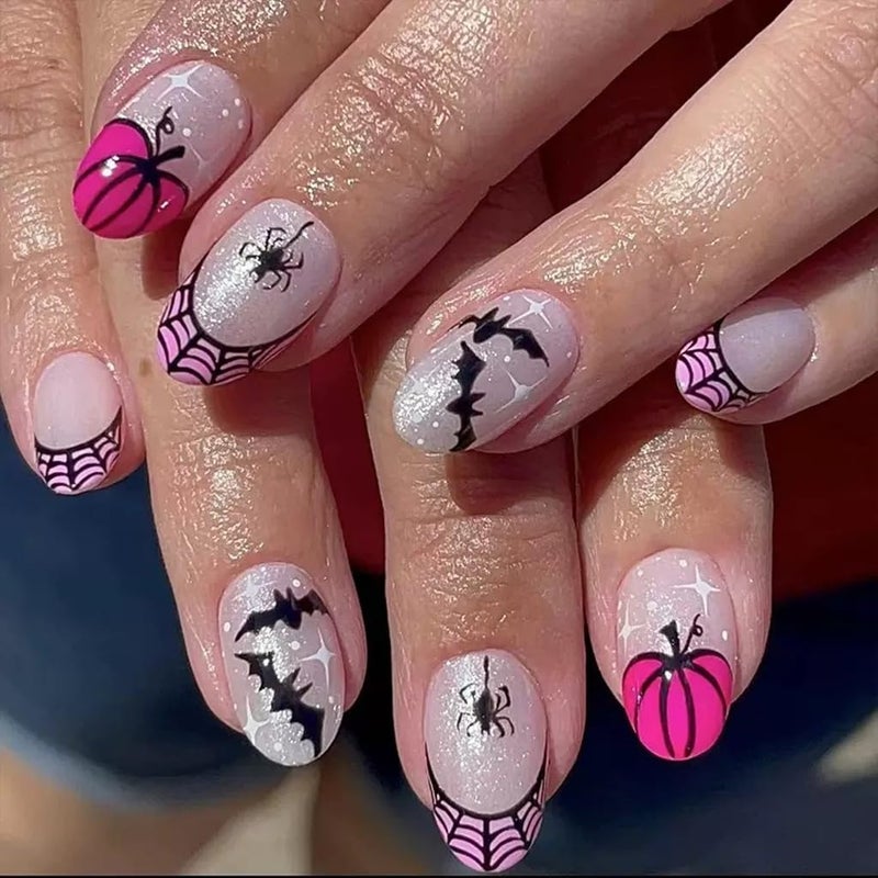 CTTHNBD 6 Packs (144 Pcs) Halloween Press on Nails Short Square, Almond Press on Nails, with Pumpkins Ghost Spider Web Design Stick on Fake Nails for Women - 12 Sizes, 6Styles - Image 5